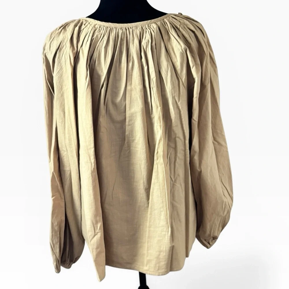 LOFT button puff long sleeves Tan Gathered split Neck Blouse Sz XL‎